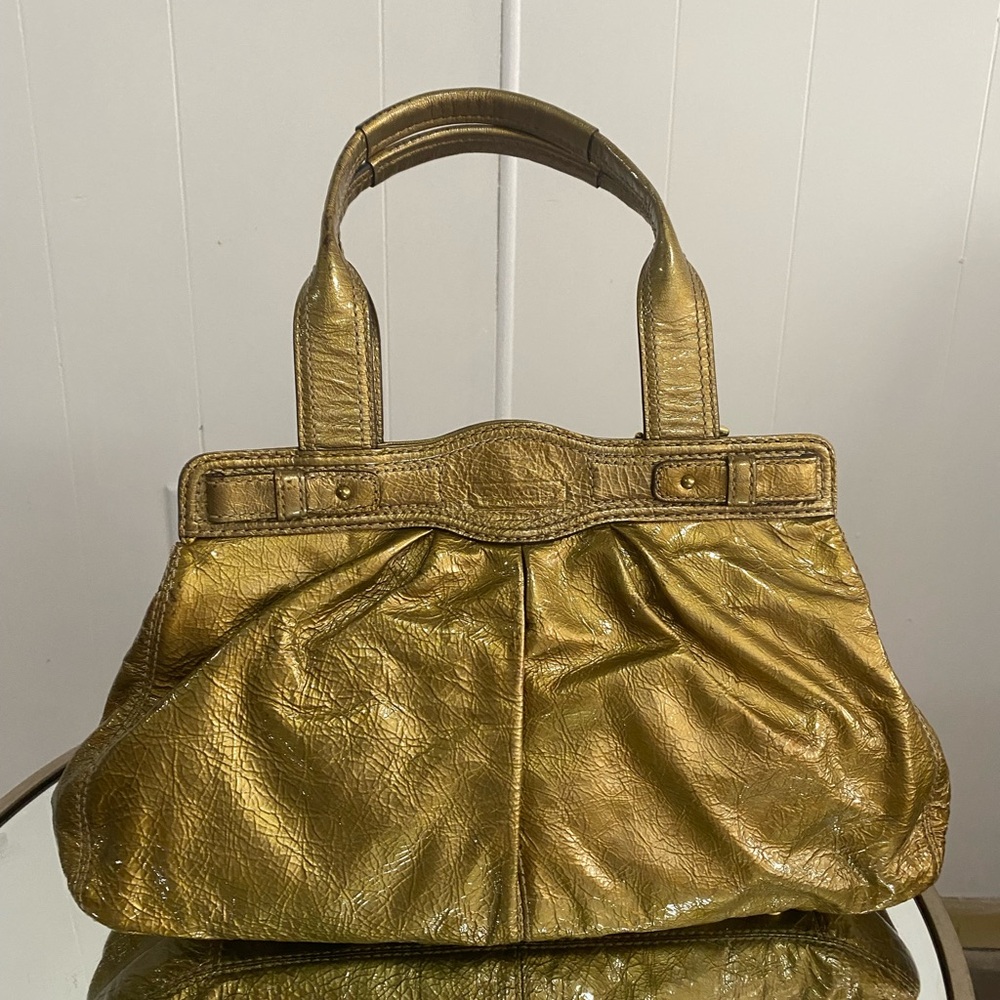 Coach Garnet Patent Leather Metallic Gold Turnlock Satchel Shoulder Handbag - Picture 2 of 11